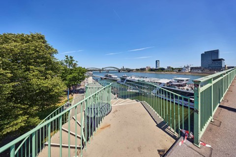 Rhine river, metal railings, outdoor spiral staircase, general architecture, skyscrapers, modern
