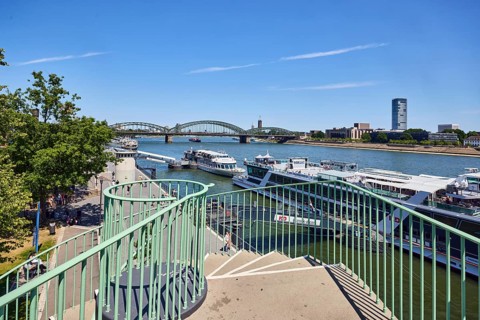 Rhine river, metal railings, outdoor spiral staircase, general architecture, skyscrapers, modern