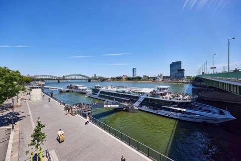 Rhine river, waterfront, sightseeing boats, general architecture, high-rise buildings, modern