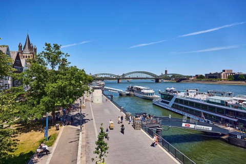 Rhine river, waterfront, sightseeing boats, general architecture, skyscrapers, modern architecture,