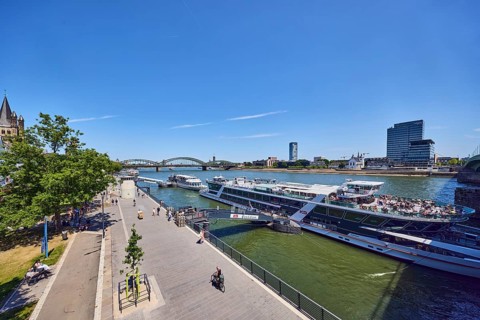 Rhine river, waterfront, sightseeing boats, general architecture, high-rise buildings, modern