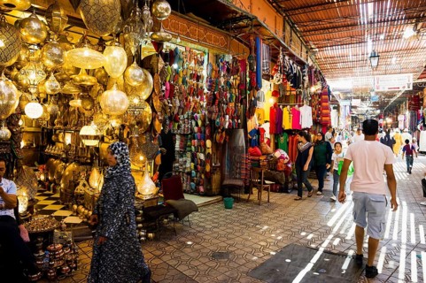 Shops selling lamps and slippers, Souk, Marrakech, Morocco