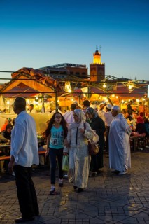 Food stalls on Place Djemma el-Fna, Gauklerplatz, UNESCO World Heritage Site, Blue Hour, Marrakech,