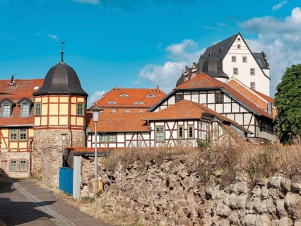 Large half-timbered buildings at Heringen Castle, Thuringia, Germany