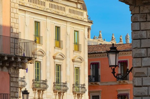 Historic centre view including Badia di Sant'Agata church rooftop, Catania, Sicily, Italy