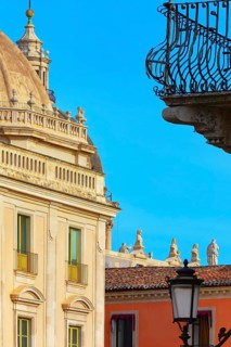 Historic centre view including Badia di Sant'Agata church rooftop, Catania, Sicily, Italy