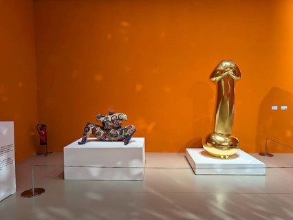Colorful sculpture, Nana, woman, Niki de Saint Phalle and golden phallus sculpture, Japanese artist