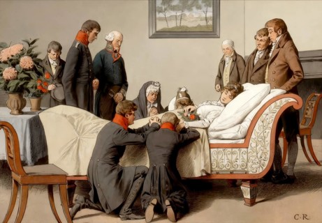 The king and his two eldest sons at the deathbed of the Queen in Hohenzieritz on the morning of