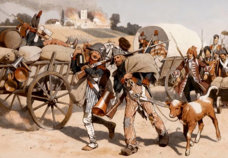 French Revolution soldiers in the Palatinate robbing and looting, Germany, 1793, historical