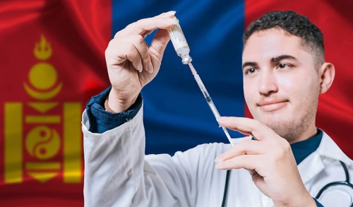 Doctor holding syringe on Mongolia flag background. Medical professional holding syringe with