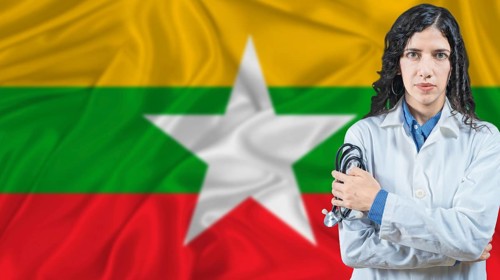 Burmese national health system, Medical professional on Myanmar flag background