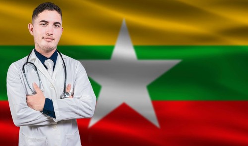 Portrait of medical professional on Myanmar flag background. Burmese national health system