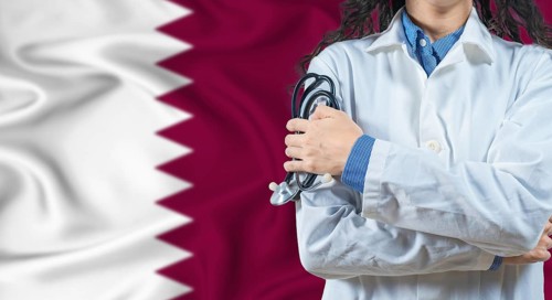 Healthcare professional with Qatar flag background. Professional doctor holding stethoscope on