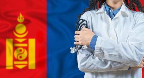 Healthcare professional with Mongolia flag background. Professional doctor holding stethoscope on