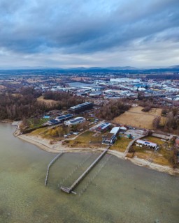 Aerial view of the town of Radolfzell on Lake Constance with the riverbanks and filming location of