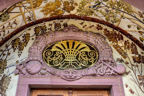 Detailed view of the main portal of the 120-year-old historic Hegau-Gymnasium in Singen am