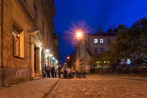 Nighttime scene in the old town district of Lviv, Ukraine
