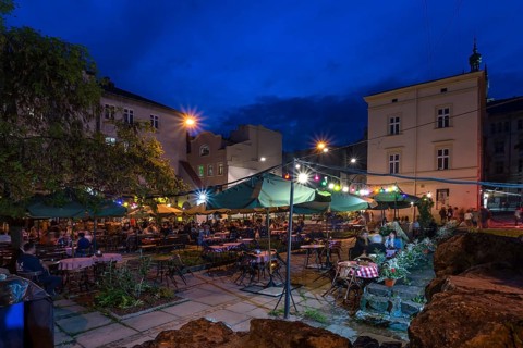 Garden restaurant in the evening, Lviv, Ukraine