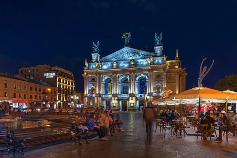 Opera Square with Opera House illuminated at night, Lviv, Ukraine