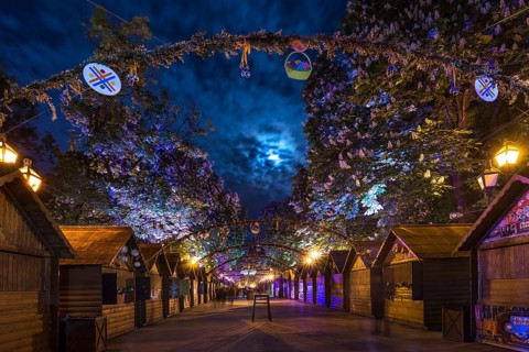 Souvenir stalls lit at night on Svobody Prospekt, Lviv, Ukraine