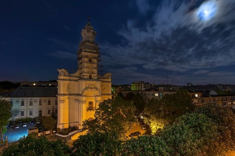 Trinity Church at full moon, Lviv, Ukraine