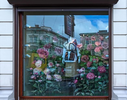 Fashion shop decorated with flowers, Lviv, Ukraine