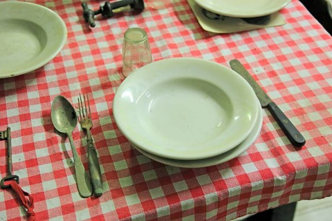 Museo della Civiltà Contadina, Farmers' Museum, dining table with crockery and cutlery, La Rocca,
