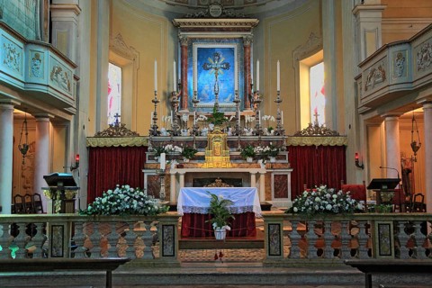 Brescello village, interior view of the church of Santa Maria Nascente e San Genesio, film set for