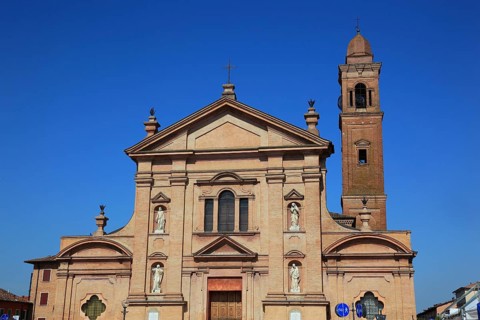 Piazza Unita and the Santo Stefano Collegiate Church in the city of Novellara, Emilia-Romagna,