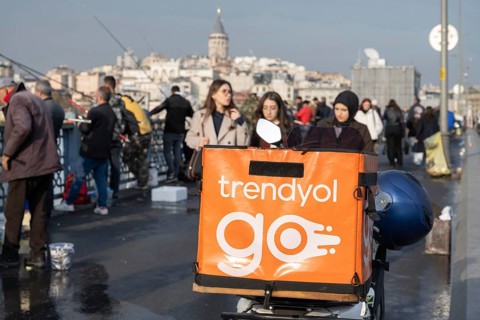 Istanbul, Turkey. December 2nd 2025. A Trendyol delivery motorbike parked on the Galata Bridge,