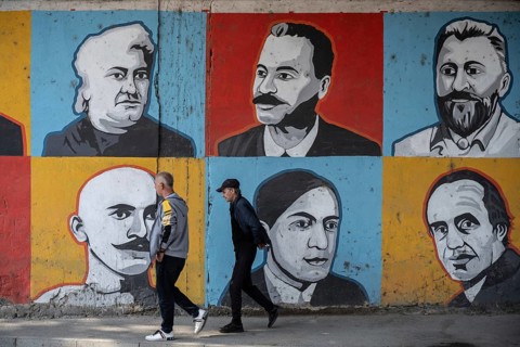 Gori, Georgia. September 9th 2025. Street art portraits celebrating Georgian artists in the city of