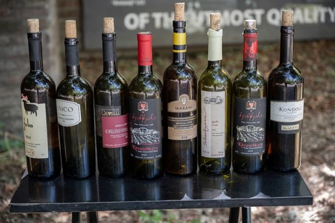 Tbilisi, Georgia. July 11th 2025. A display of empty bottles of Georgian wine, Georgia is one of
