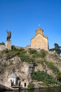 Tbilisi, Georgia. July 13th 2025. Metekhi Church of the Nativity and the Virgin Mary overlooking