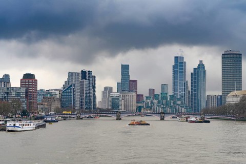 London, United Kingdom. January 31st, 2025. Heavy clouds over a panorama view of the city of London