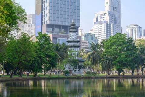Bangkok, Thailand. March 4th 2025. The Chinese Clock Tower seen with the modern high rise buildings