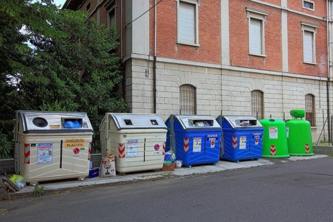 Waste separation, various dumpsters, Brescello, Emilia-Romagna, Italy
