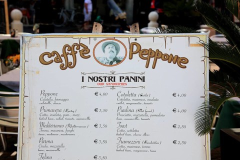 Menu at Cafe Peppone in the town of Brecello, Emi