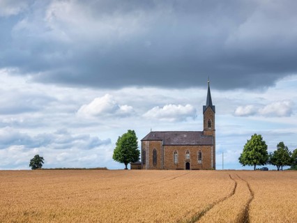 View over a wheat field to the Bischwinder chapel Maria Hilfe der Christenheit, Bischwind, Lower