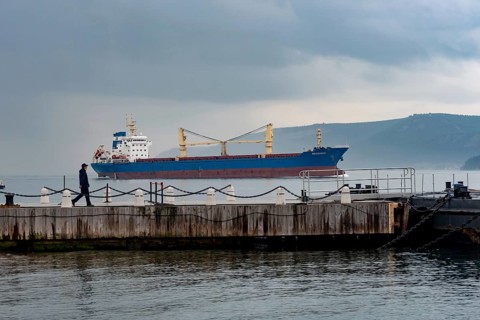 Canakkale, Turkey. February 18th 20222 The Mediqueen bulk carrier ship passing through the