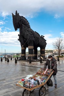 Canakkale, Turkey. February 18th 2022 A street vendor selling souvenirs beside the iconic Trojan