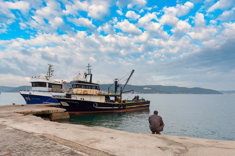 Canakkale, Turkey. February 18th 2022 Turkish fishing boats moored in Canakkale on the Dardenelles