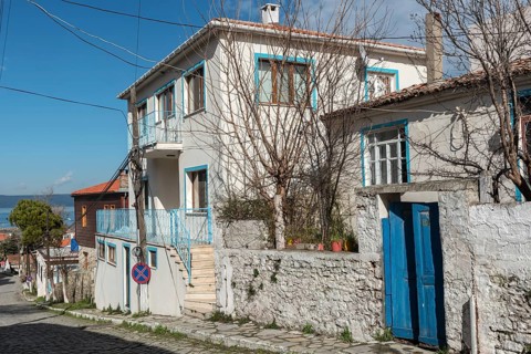 Canakkale, Turkey. February 18th 2022 Pretty blue painted houses in the village of Kilitbahir on