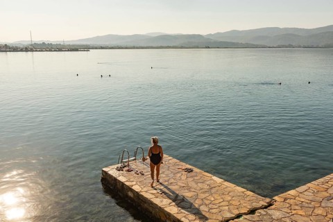 Akyaka, Mugla, Turkey. September 8th 2022 Seniors enjoy an early morning swim at the popular