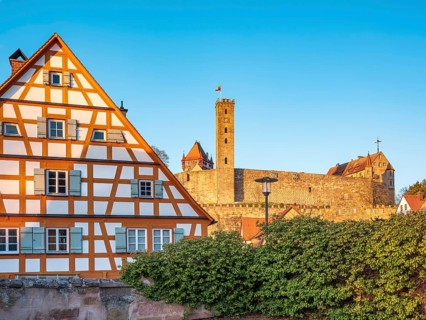Franconian half-timbered house at Abenberg Castle in the evening light, Abenberg, Middle Franconia,