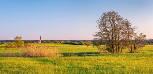 Meadow landscape in the Altmühltal, behind Großenried with the church of St. Lawrence, Middle