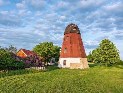 Former windmill in idyllic setting in evening light in spring, Hedeper, Lower Saxony, Germany
