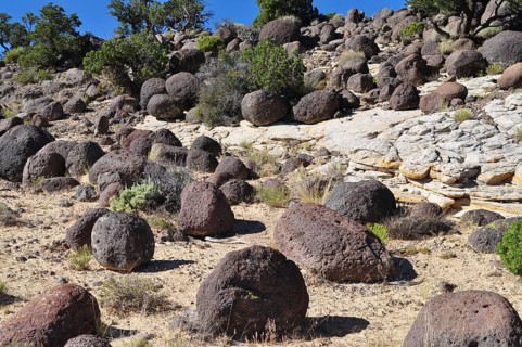Large spherical rocks in an arid desert landscape, Grand Staircase Escalante National Monument,