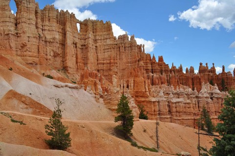 Hiking trail leads past bizarre red rock needles and pine trees in Bryce Canyon National Park,