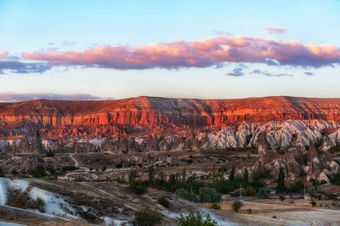 Beautiful sunset panorama of the Red Rose Valley in Cappadocia, a perfect location for hiking or