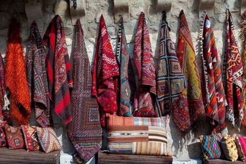 Beautiful traditional Anatolian rugs and carpets for sale outside a Turkish shop in Cappadocia,